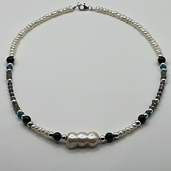 ARTISAN PEARL, STERLING, AMETHYST, PERIDOT, ONYX, AND APATITE NECKLACE 18.5” - Picture 12 of 12